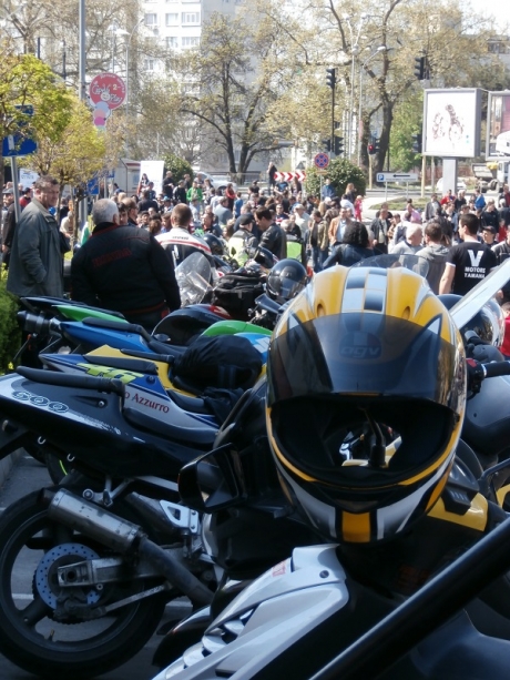 Beauties, beer and powerful motorbikes at the outdoor parking lot of Mall Varna